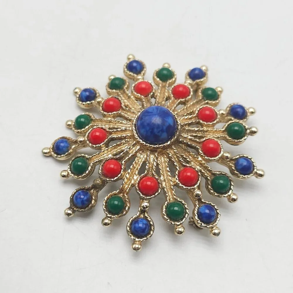Vintage Sarah Coventry Carnival Brooch Starburst Red Blue Green Cabochons 2.5”